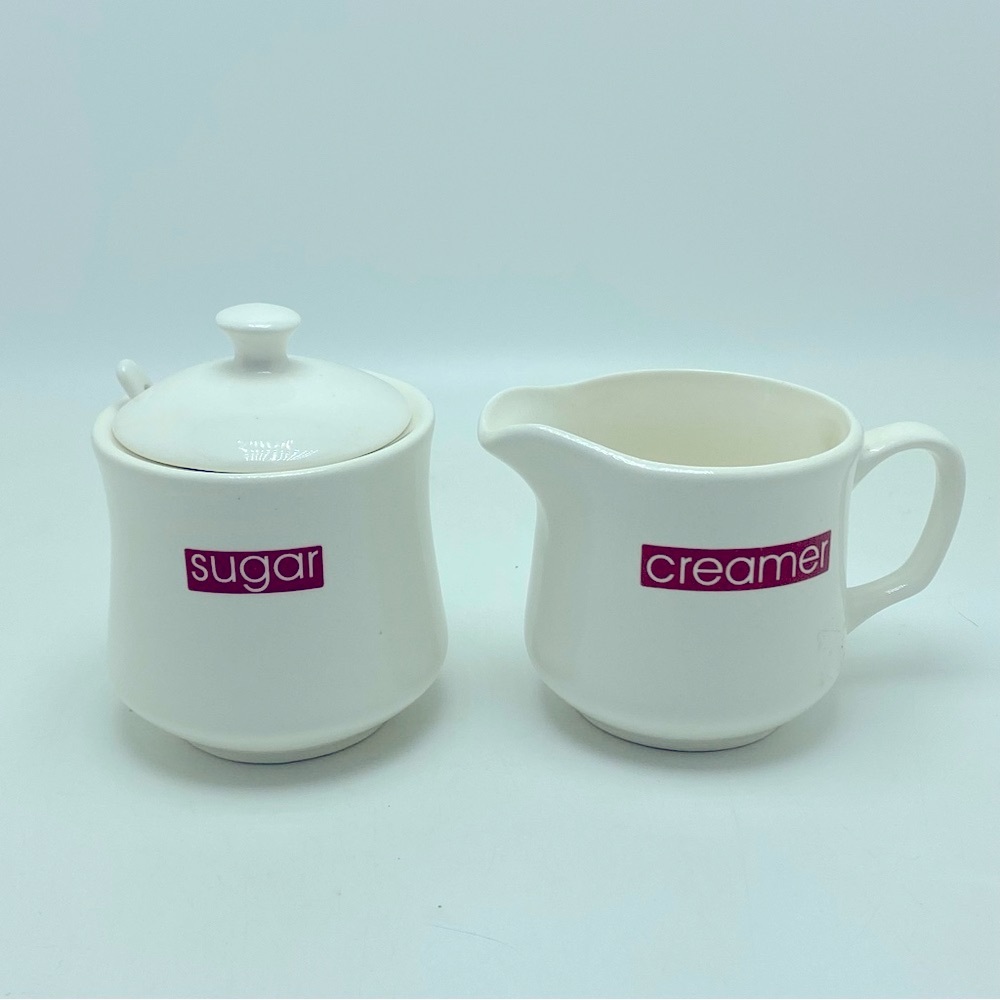 Just For You White Sugar and Creamer Set With Red Labels